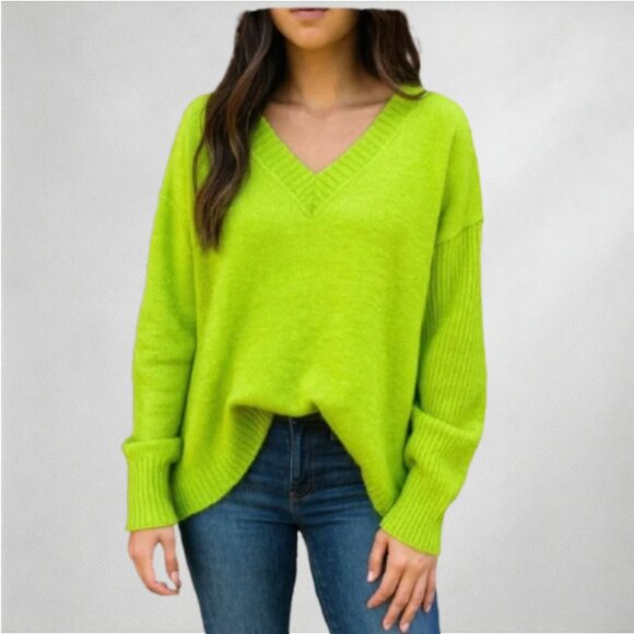Oversized Knit Pullover Sweater Women’s L–2XL Green V-Neck Free People Style - Picture 1 of 6